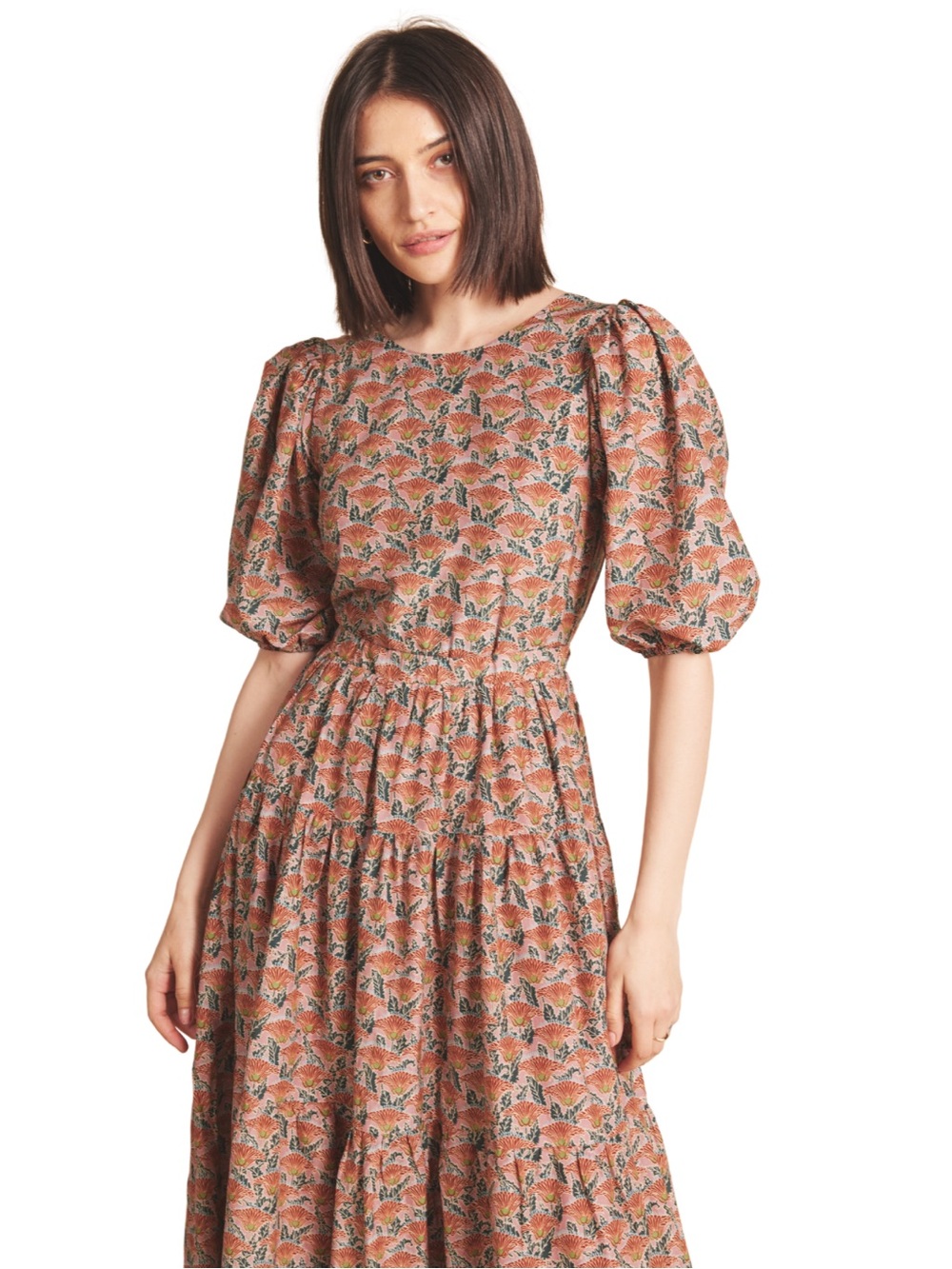 Trovata Rust Floral Puff-Sleeve Midi Dress